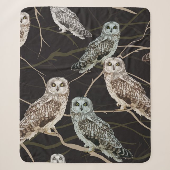 owl sitting on a branch sherpa blanket (Front)