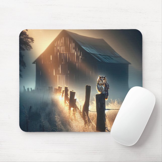 Owl Sitting On a Farm Fence Post Mouse Mat (With Mouse)