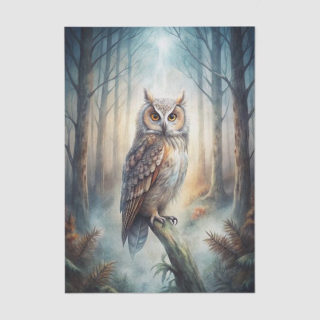 Owl Sitting on a Large Branch in the Misty Forest Tissue Paper (Front)