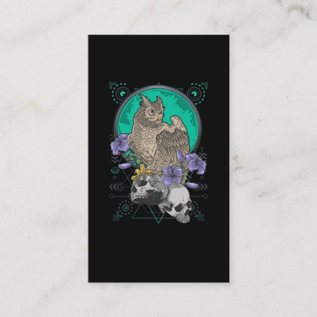 Owl Skull Moon Flowers Business Card (Front)