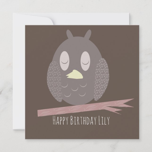 Owl Sleeping Happy Birthday Name Card (Front)