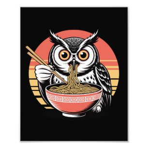 Owl Slurping Ramen Japanese Ukiyo-e Vintage Style Photo Print