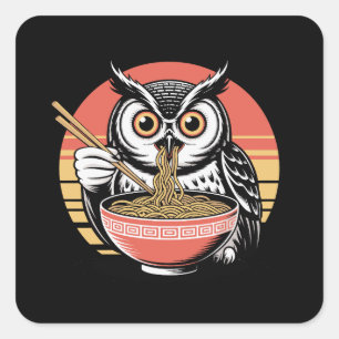 Owl Slurping Ramen Japanese Ukiyo-e Vintage Style Square Sticker