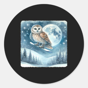 Owl Snowboarding Over Moonlit Snowy Landscape. Sno Classic Round Sticker