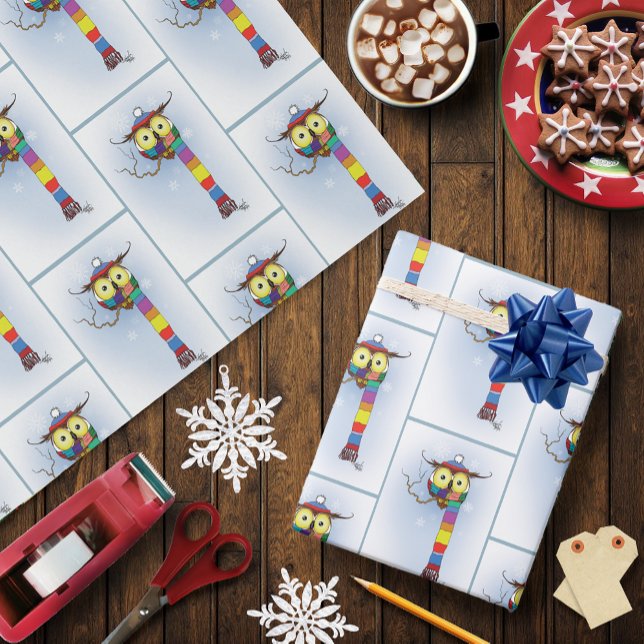 Owl Snowflakes Scarf Hat Cute Wrapping Paper (Creator Uploaded)