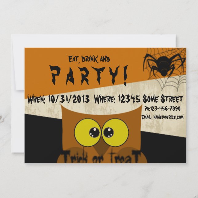 Owl Spider Web Orange Black Halloween Invitation (Front)