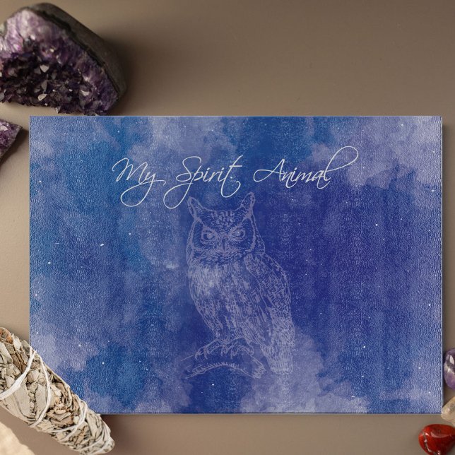 Owl Spirit Animal Blue Decorative Cutting Board (Owl Spirit Animal Glass Cutting Board for the Goddess.)