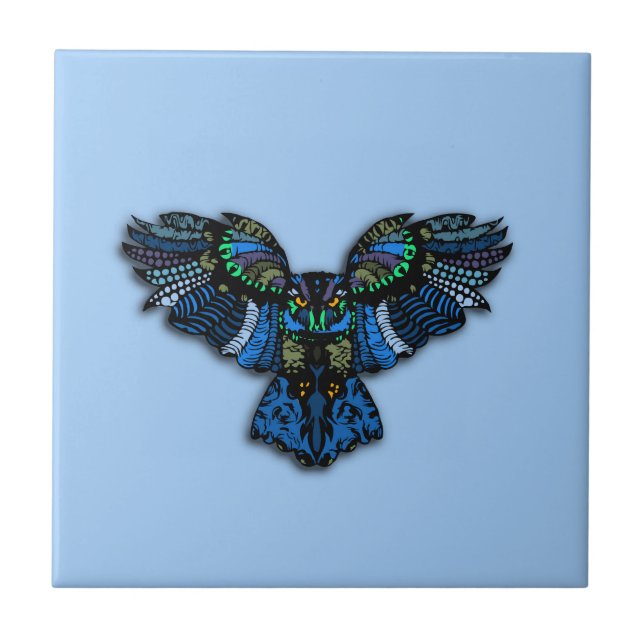 Owl Spreads Wings on Sky Blue Tile (Front)