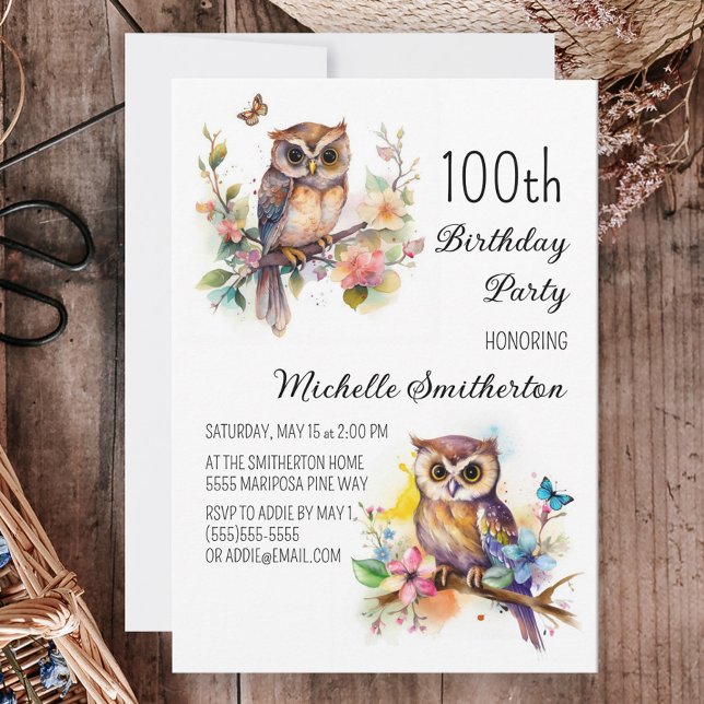 Owl Spring Flowers Butterflies 100th Birthday Invitation (Creator Uploaded)