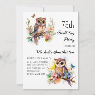 Owl Spring Flowers Butterflies 75th Birthday Invitation