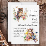 Owl Spring Flowers Butterflies 90th Birthday Invitation<br><div class="desc">90th birthday party invitation with paintings of a cute little owl sitting among blossoms in the branches of a tree. Contact me for assistance with your customisations or to request additional matching or coordinating Zazzle products for your celebration.</div>