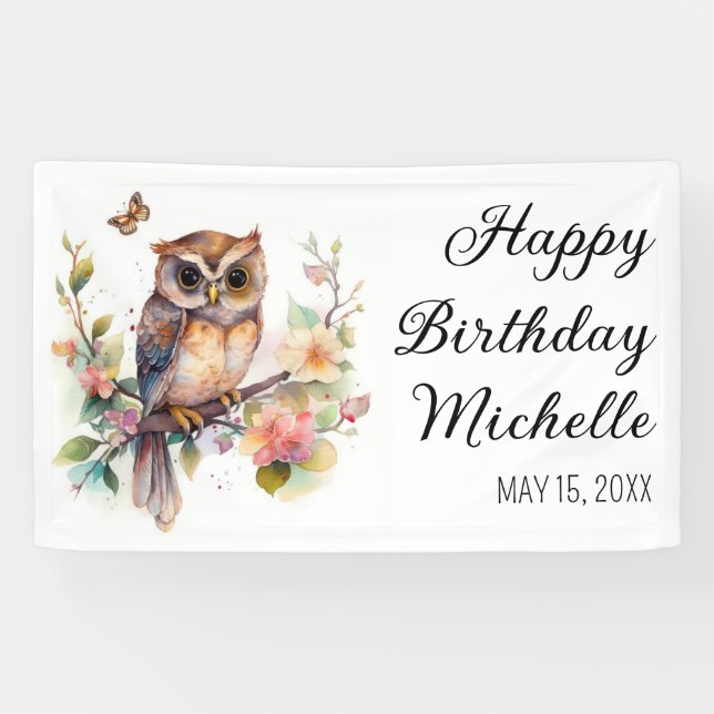 Owl Spring Flowers Butterflies Happy Birthday Name Banner (Horizontal)