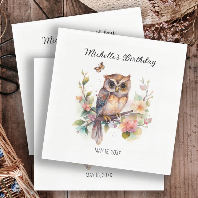 Owl Spring Flowers Butterflies Happy Birthday Name Napkin (Creator Uploaded)