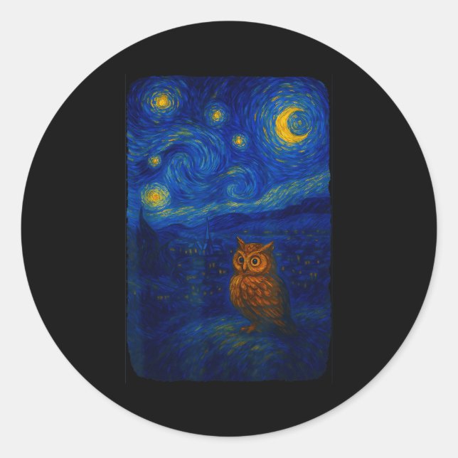 Owl Starry Cute Night Van Gogh Owl Bird Lovers Wom Classic Round Sticker (Front)