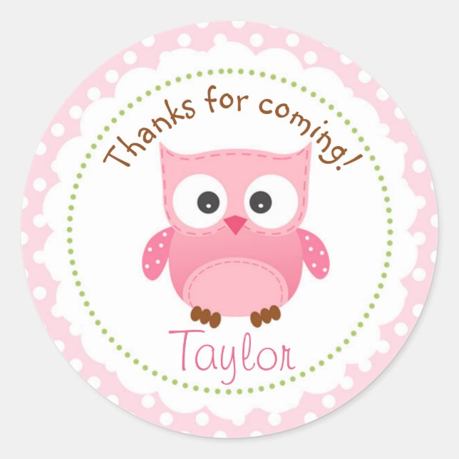 Owl Sticker Pink (Girl's 1st Birthday Party Favour (Front)