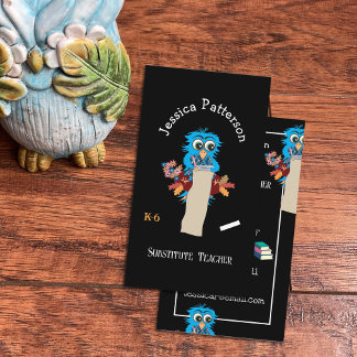 Owl Sub Teacher Black Vertical Business Cards