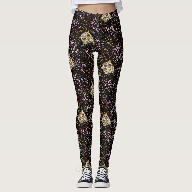 Owl Sugar Skull and Pink Purple Blue Mint Leggings (Front)