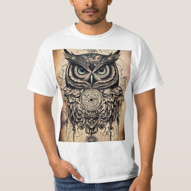 "Owl Tattoo Printed T-Shirts: A Stylish Fusion of  T-Shirt (Front)