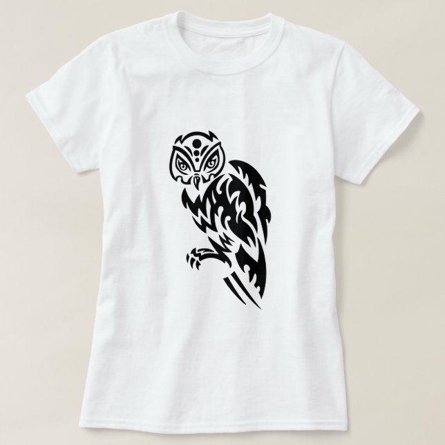 Owl Tattoo Style Design Black White T-Shirt (Design Front)