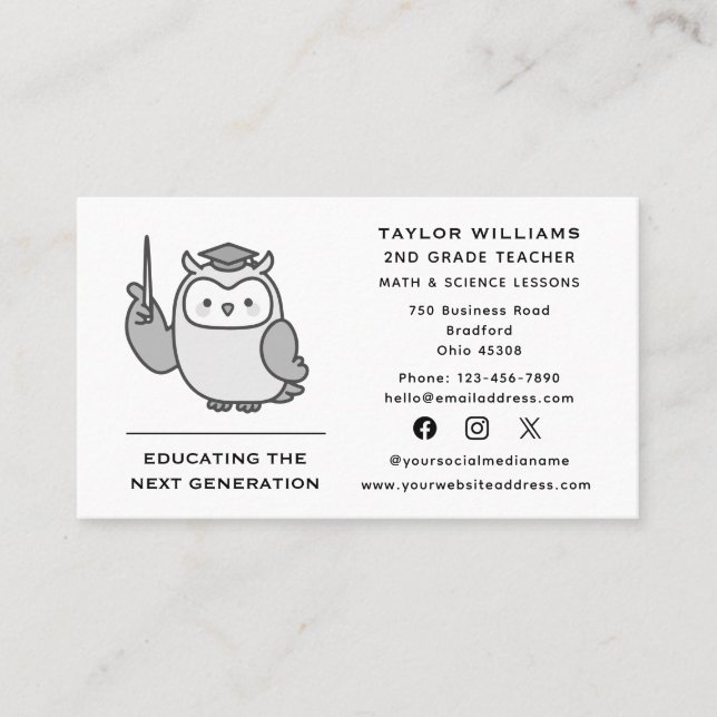 Owl Teacher Educator Tutor Tutoring Social Media Business Card (Front)