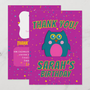 Owl Teal Purple Birthday Thank You Card