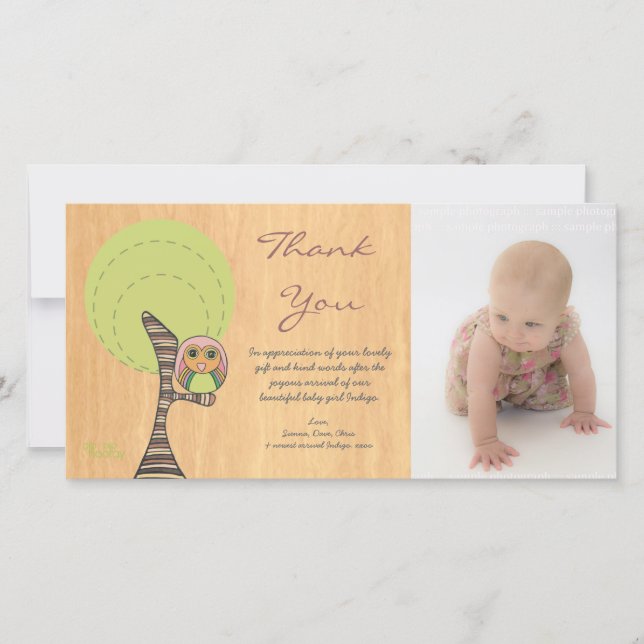Owl Thank You New Baby Girl Arrival Gift Photocard Card (Front)