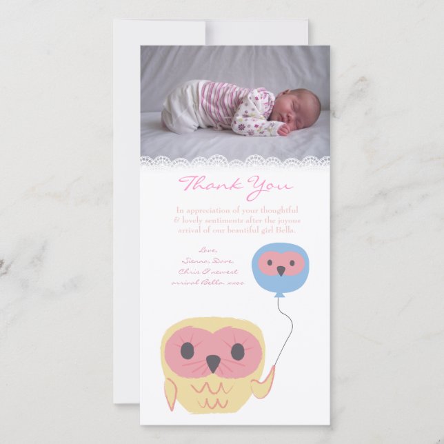 Owl Thank You Note Baby Girl Photo Card Template (Front)