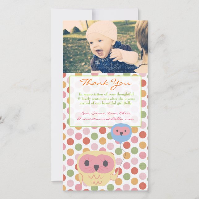 Owl Thank You Note Baby Girl Photo Template (Front)