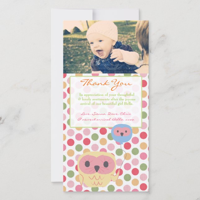Owl Thank You Note Baby Girl Photo Template (Front)