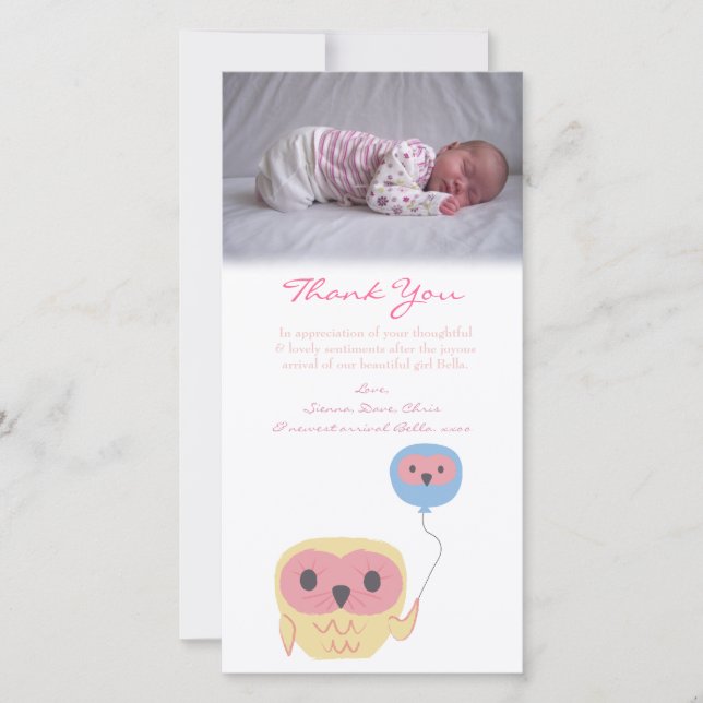 Owl Thank You Note Baby Girl Photo Template (Front)