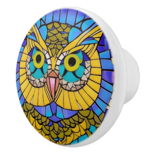 Owl Theme - Blue / Yellow Night Bird Mosaic  Ceramic Knob