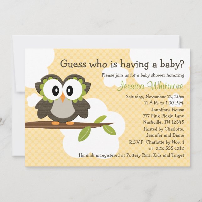 Owl Themed Baby Shower Invites Invitations Yellow (Front)