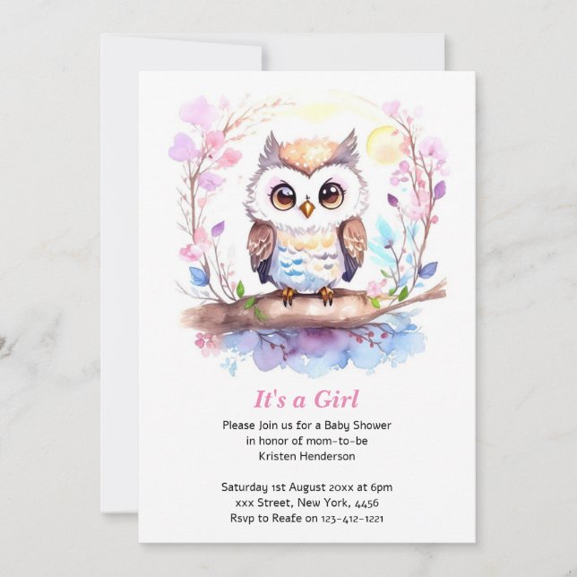 Owl-themed Pink Baby Girl Shower Invitation (Front)