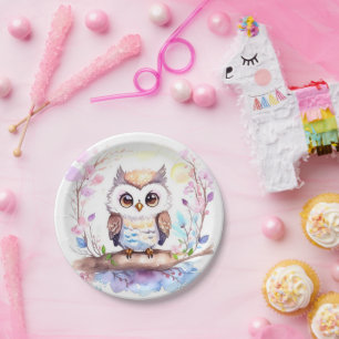 Owl-themed Pink Baby Girl Shower Paper Plate
