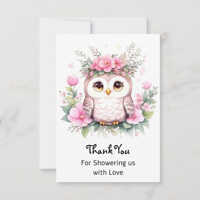Owl-themed Pink Baby Girl Shower Thank You Card (Front)