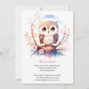 Owl-themed Woodland Baby Girl Shower Invitation