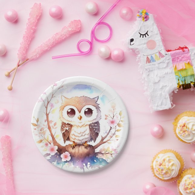Owl-themed Woodland Baby Girl Shower Paper Plate (Party)