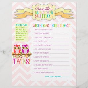 Owl Twin Girls "Baby Shower Games" Activity Sheet
