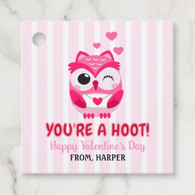 Owl Valentines Pink Hearts Gift Tags (Front)