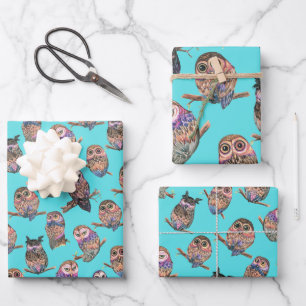 Owl Watercolor Forest Pattern  Wrapping Paper Sheet
