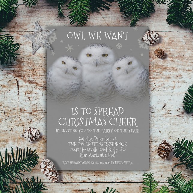 Owl We Want Spread Christmas Cheer Snowy Owls Invitation (Owl We Want to Spread Christmas Cheer Holiday Party Invitation Cover Photo)