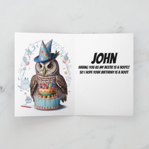 Owl wearing birtday hat standing behind cake card