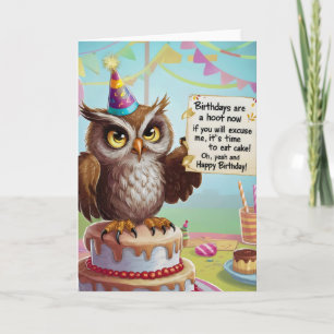 Owl wearing birthday hat standing on cake card