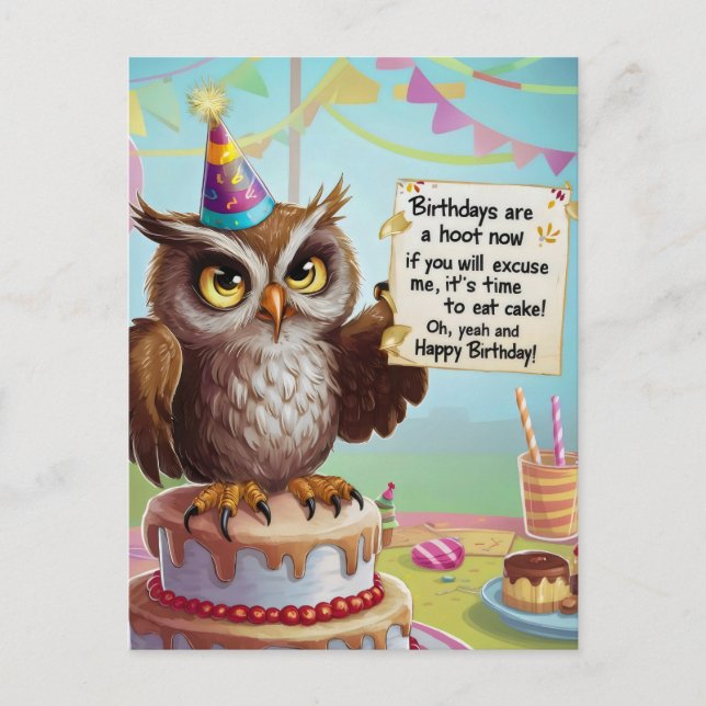 Owl wearing birthday hat standing on cake postcard (Front)
