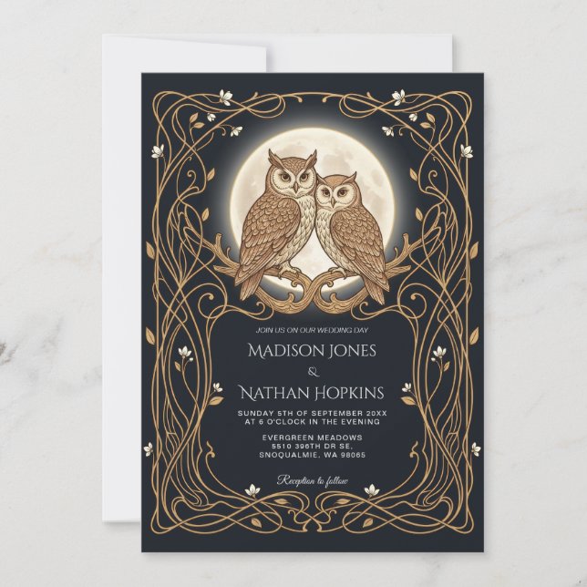 Owl Wedding Invitation Art Nouveau Moon Frame (Front)