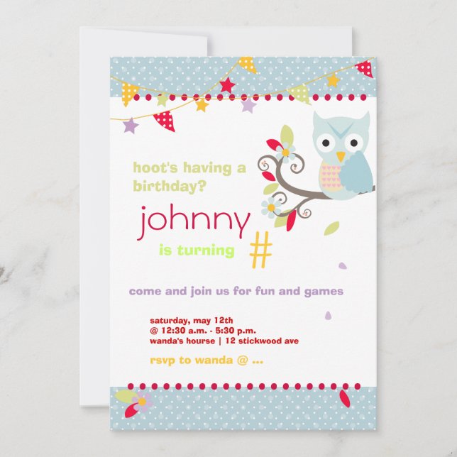 Owl, whoo's birthday party invitations (Front)