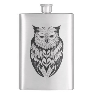 Owl Wild Animal Nature Illustration Art Tattoo Hip Flask