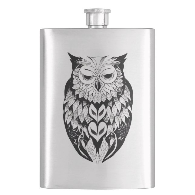 Owl Wild Animal Nature Illustration Art Tattoo Hip Flask (Front)