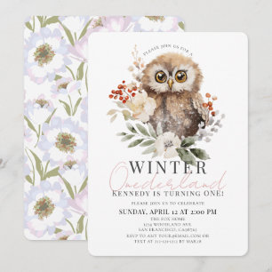 Owl Winter Onederland Girl 1st Birthday Invitation