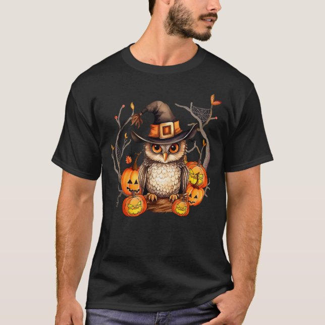 Owl Witch Hat Pumpkin Spooky Halloween Kids Men Wo T-Shirt (Front)